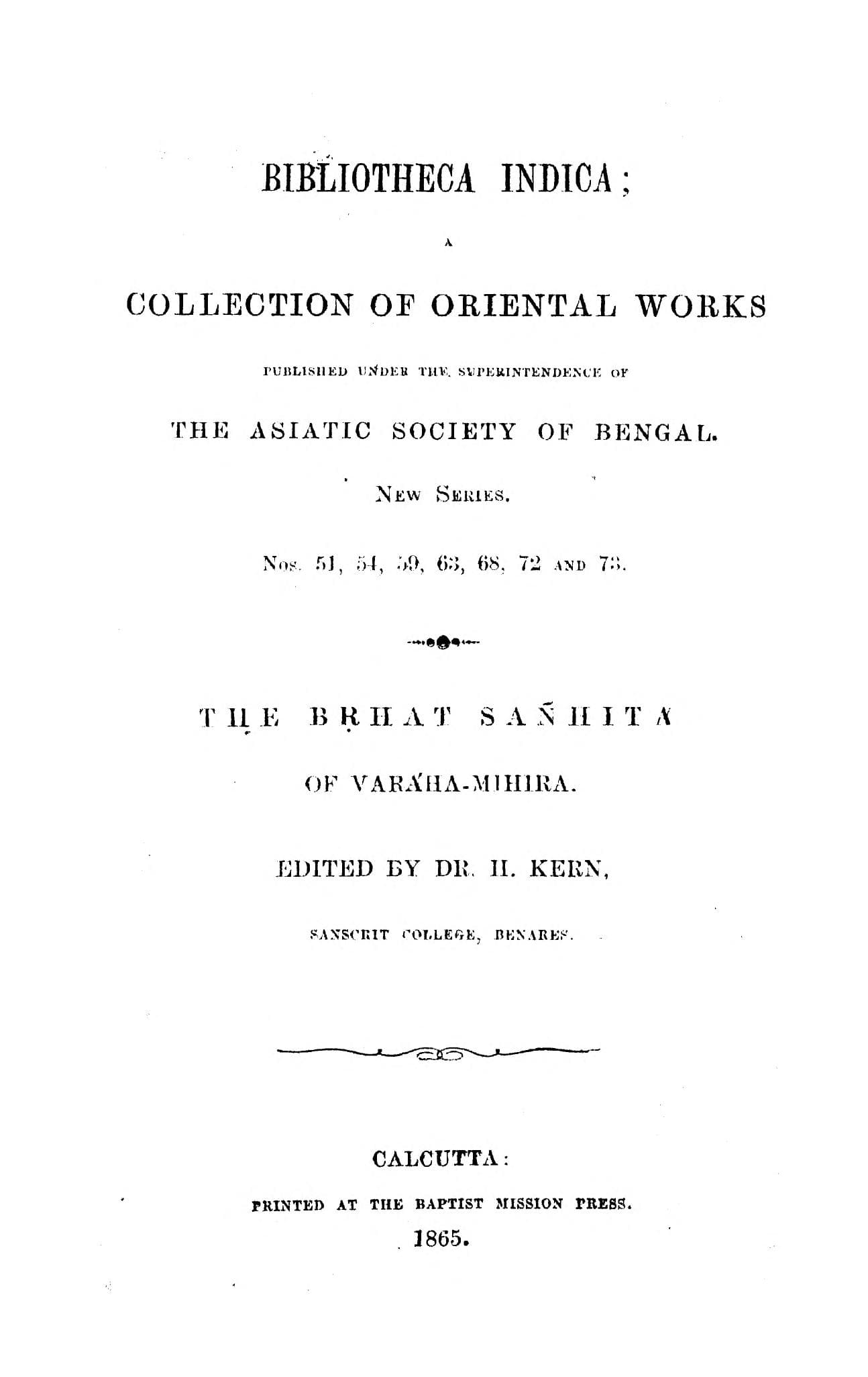 Brihat Samhita (Kern 1865 ed.)