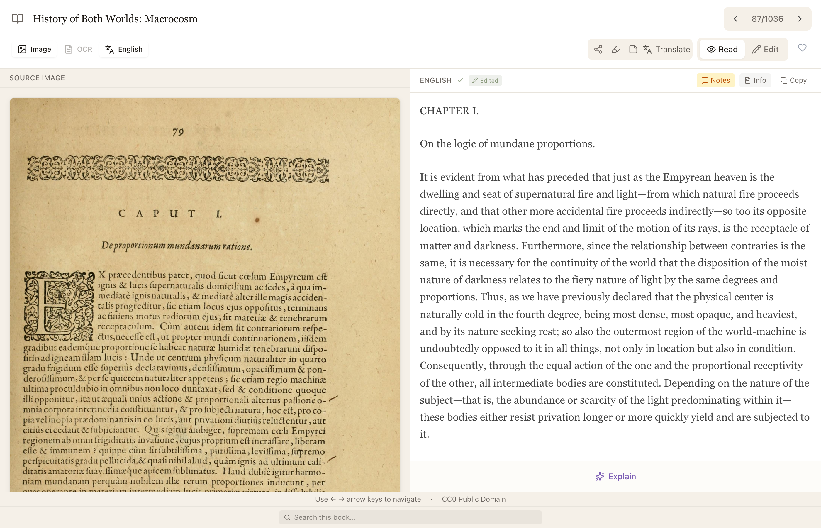 Source Library reader showing Robert Fludd's Utriusque Cosmi Historia (1617) — Latin manuscript on the left, AI-generated English translation on the right